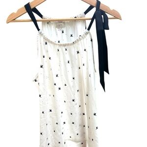 A-line blouse white w/ black bird print, Ribbon straps, Ann Taylor Loft, L